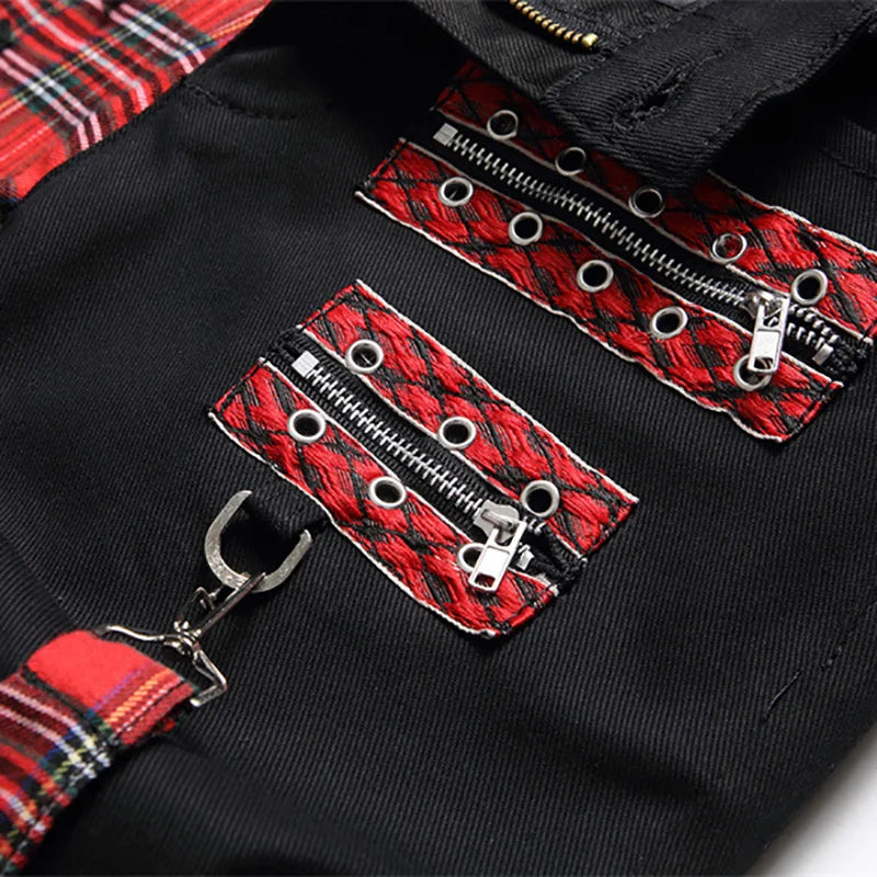 Men Punk Jeans Trendy Scotland Plaid Tartan Black Denim Pants Streetwear Rivet Patchwork Spliced Slim Straight Trousers
