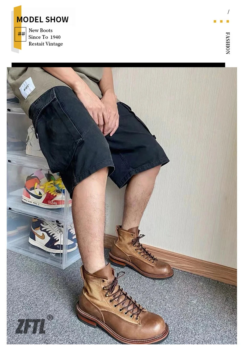 ZFTL Men's Boots Man Ankle Boots Casual Lace up Boots Male Handmade Sewing tooling boots Cow Leather Desert boots Men's 2025