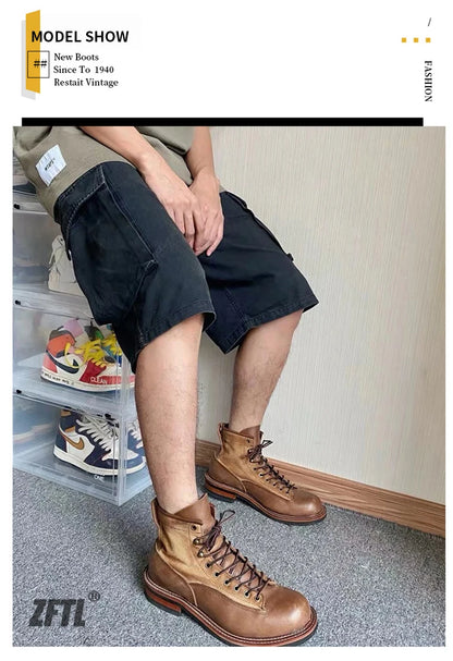 ZFTL Men's Boots Man Ankle Boots Casual Lace up Boots Male Handmade Sewing tooling boots Cow Leather Desert boots Men's 2025