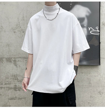 Streetwear Turtleneck Men Tshirt Solid Hip Hop Male Oversized T Shirts Man Casual Short Sleeve Top Tees Black/White/Purple