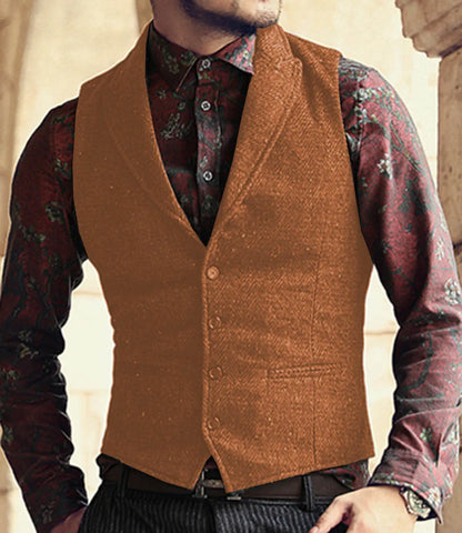 Men's Classic Suit Vest Herringbone Pattern Business Waistcoat Notch Lapel Wool Tweed Groomsmen Waistcoat For Wedding