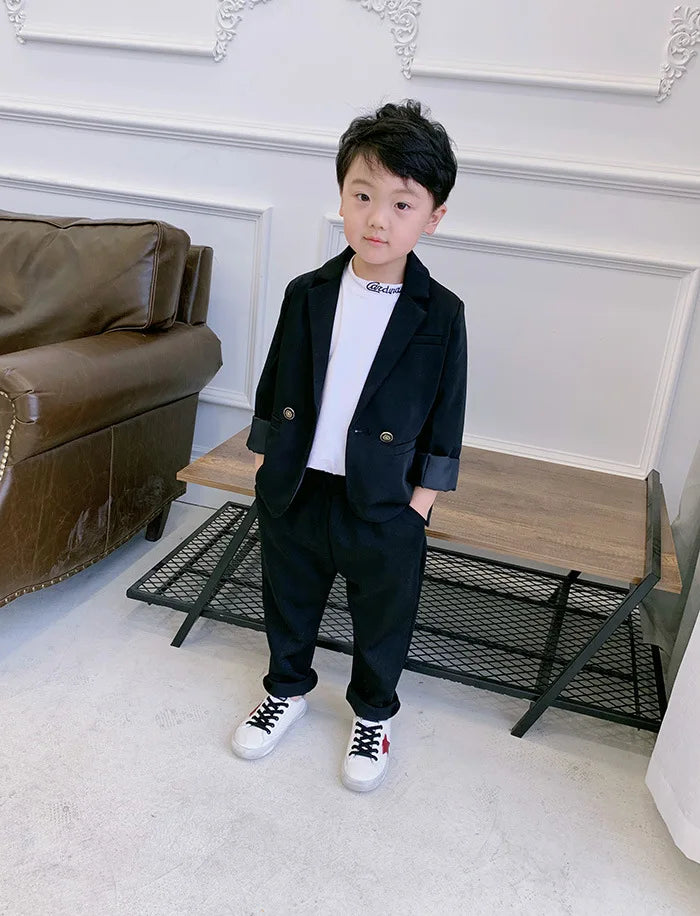 Teenager Boys Pink Black Jacket+Pants 2Pcs Clothing Set Gentleman Kids Formal Wedding Suit Children Performance Graduation Dress