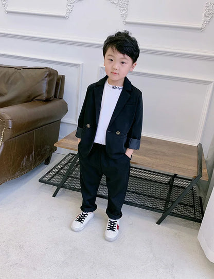 Teenager Boys Pink Black Jacket+Pants 2Pcs Clothing Set Gentleman Kids Formal Wedding Suit Children Performance Graduation Dress