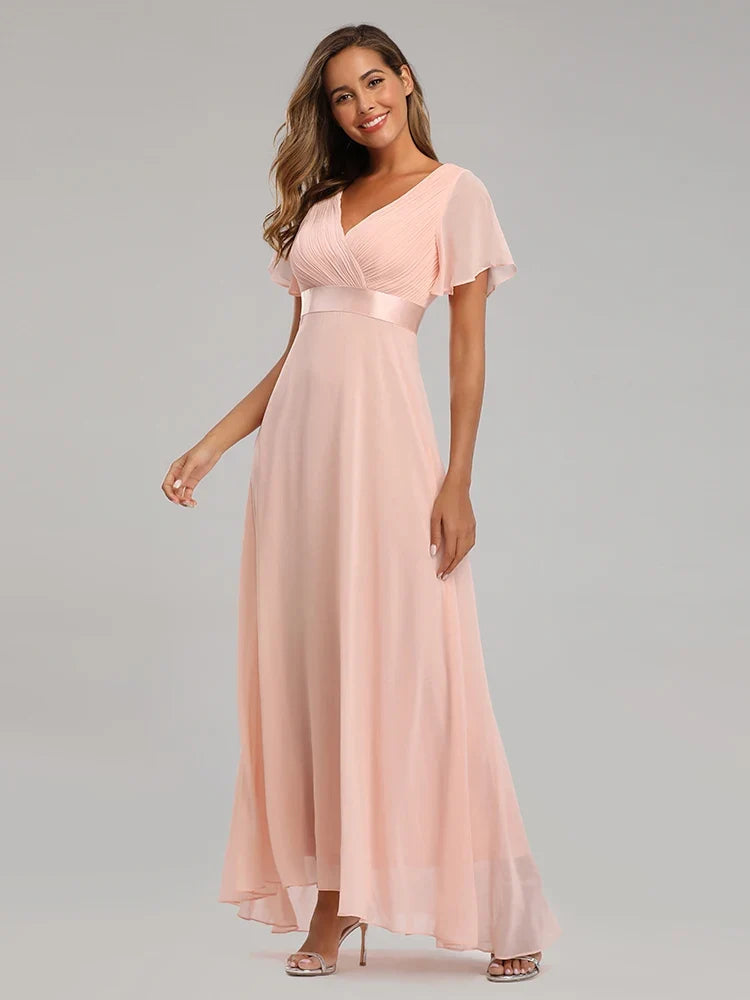 Evening Dresses Elegant V-Neck Ruffles Chiffon Formal Evening Gown  Robe Vestidos De Fiesta Dress for Wedding Party