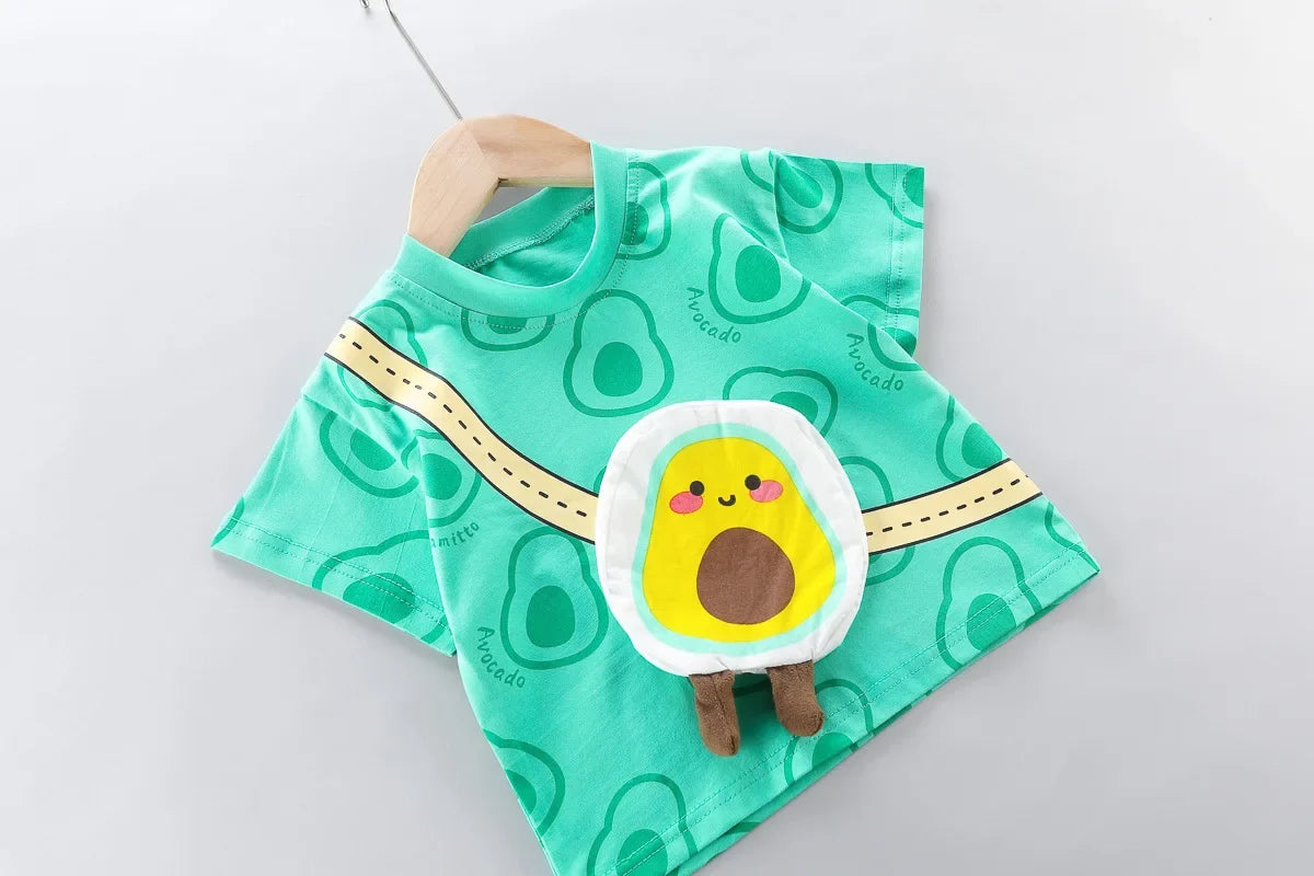 New Toddler Boys Fashion Casual Clothes Outfits 0-5years Baby Girls Print T-shirt with Cartoon Bag+Denim Shorts Summer Clothing