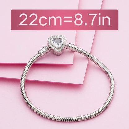 Authentic 100%  925 Sterling Silver Snake Chain Bangle & Bracelet with CZ Love Heart Clasp Charms Bracelets for Women