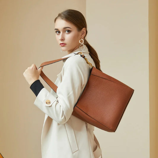 New Genuine Leather Casual Shopper Shoulder Bag Commuter Large Bucket Handbag Simple High Quality Women Tote Underarm Bags