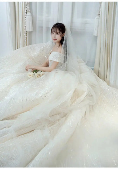 Cheap Wedding Dress Shiny Wedding Dress Classic Boat Neck Bridal Party Gown Vestido De Noiva Robe De Mariee Customized