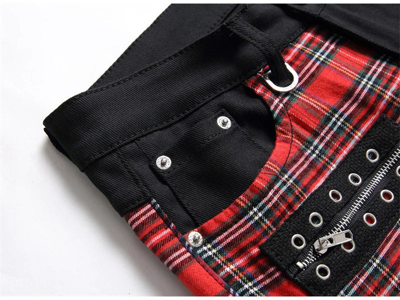 Men Punk Jeans Trendy Scotland Plaid Tartan Black Denim Pants Streetwear Rivet Patchwork Spliced Slim Straight Trousers