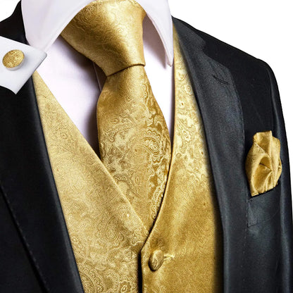 Luxury Gold Black Mens Vests Print Jacquard Waistcoat Tie Hanky Cufflinks Brooch Set for Men Wedding Formal Business Hi-Tie