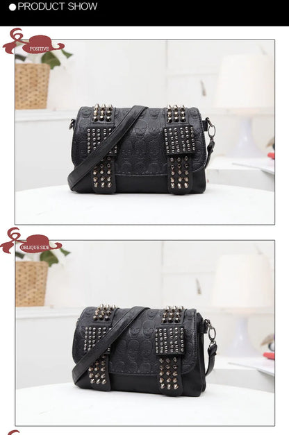 Women Black Leather Messenger Bags Single Skull Rivet Shoulder Bags Sac A Main Bolsa Black Vintage Sexy Bag Lady Drop