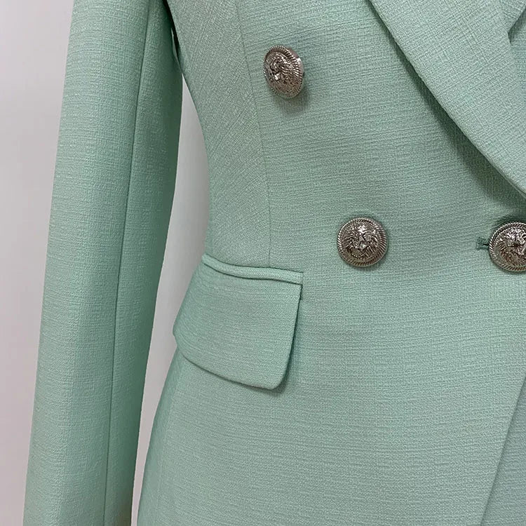 HIGH STREET 2026 Classic Baroque Designer Jacket Women's Metal Lion Buttons Double Breasted Textured Blazer Mint Green