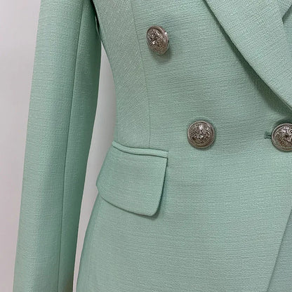 HIGH STREET 2026 Classic Baroque Designer Jacket Women's Metal Lion Buttons Double Breasted Textured Blazer Mint Green