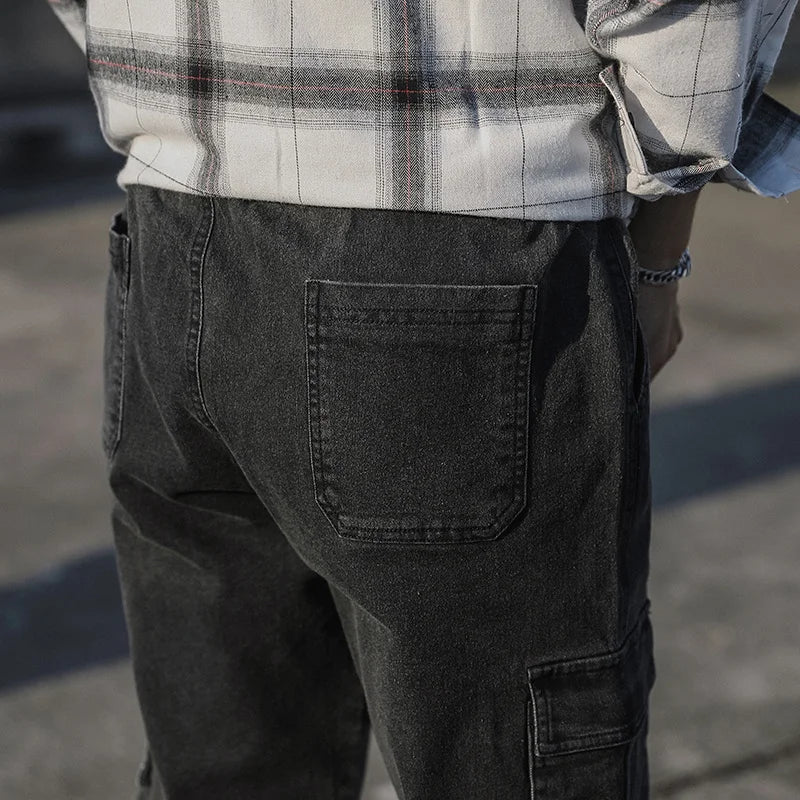 Men's Jogger Jeans Washed Cotton Slight Stretch Multi-Pockets Denim Cargo Pants Asian Size L-6XL