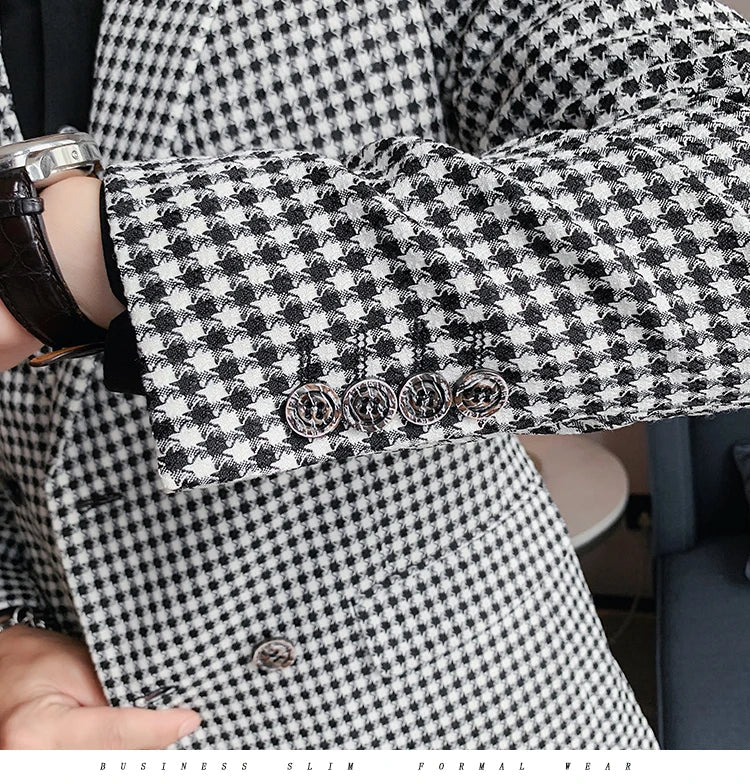 British Style Slim Fit Houndstooth Blazer For Men 2023 Fashion Double Breasted Business Office Wedding Dress Suit Jacket