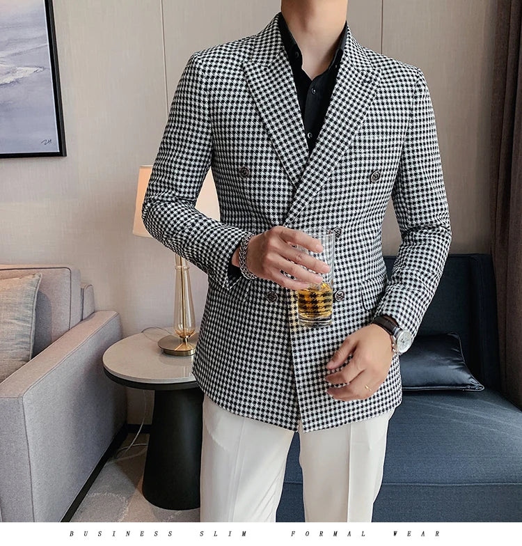 British Style Slim Fit Houndstooth Blazer For Men 2023 Fashion Double Breasted Business Office Wedding Dress Suit Jacket