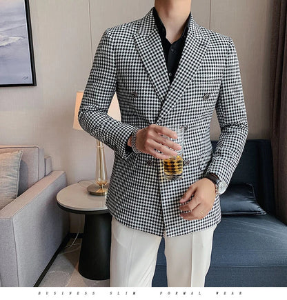 British Style Slim Fit Houndstooth Blazer For Men 2023 Fashion Double Breasted Business Office Wedding Dress Suit Jacket
