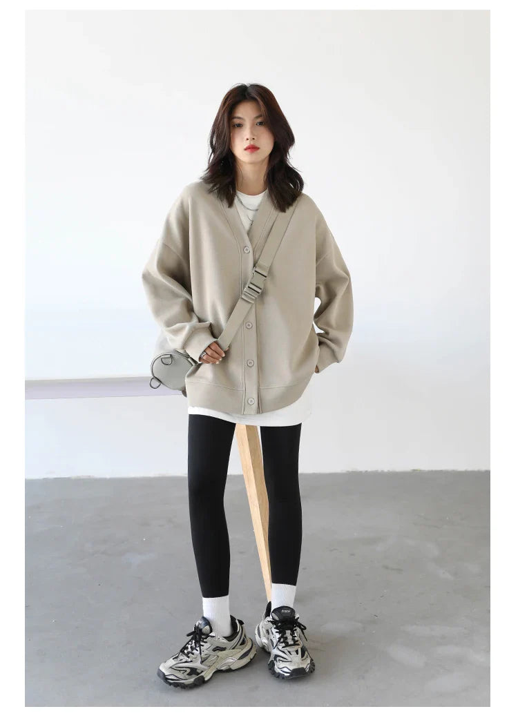 Korean Autumn Winter Women's Sports Coat Casual Loose V-neck Sweatshirt for Women Thick Warm Tops Office Lady Female