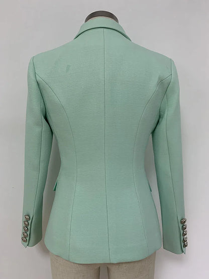 HIGH STREET 2026 Classic Baroque Designer Jacket Women's Metal Lion Buttons Double Breasted Textured Blazer Mint Green