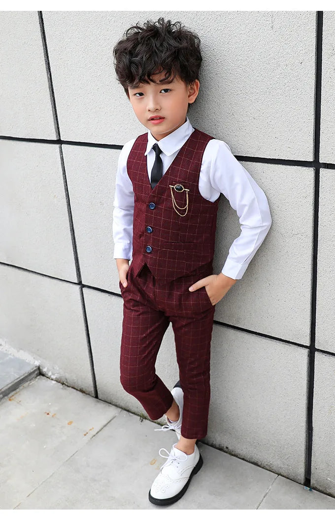 Boy Plaid Vest Blazer Kids Waistcoat Wedding Clothes Set Toddler Formal Dress Suit Child Brooch Shirt Pant Baby Gentlemen Outfit