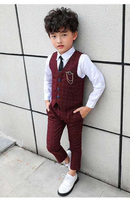 Boy Plaid Vest Blazer Kids Waistcoat Wedding Clothes Set Toddler Formal Dress Suit Child Brooch Shirt Pant Baby Gentlemen Outfit