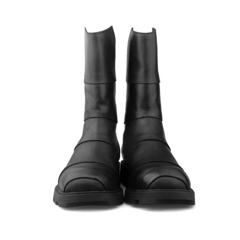 Punk Style Zipper Men Genuine Leather High-Top Sneakers Street Round Toe Winter Warm Platform Boots Black Motorcycle Botas Male
