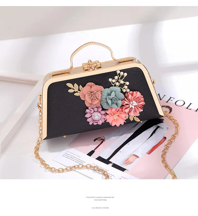 Evening Bags Women Clutch Bag High-end Leather Evening Wedding Bridal Handbag Pearl Flower Fashion Chain Party Packs