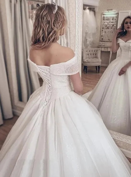 Shiny Princess Sweetheart Wedding Dresses Off Shoulder Ivory Sequins Bridal Gowns Elegant Lace Up Back Robe De Mariee