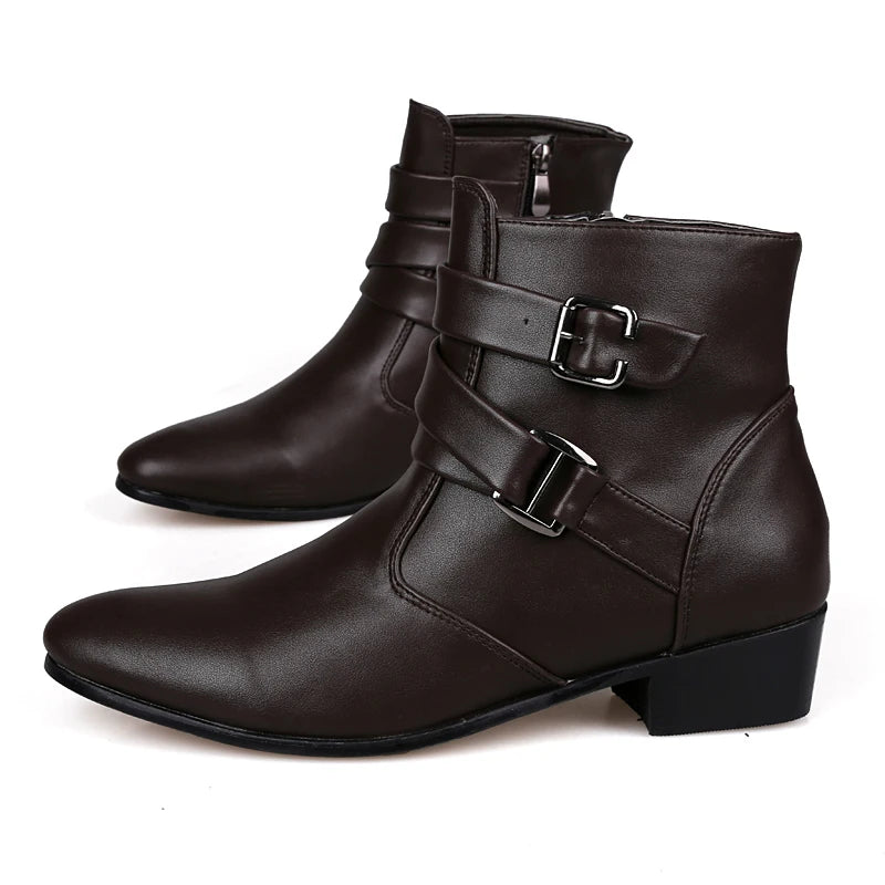 Fashion Men Spring Autumn Pointed Toe Height Increase Chelsea Ankle Boots Western High Top Casual Shoe PU Leather