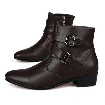 Fashion Men Spring Autumn Pointed Toe Height Increase Chelsea Ankle Boots Western High Top Casual Shoe PU Leather