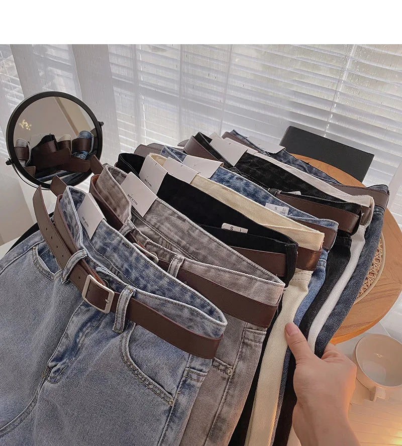 Straight Jeans Women with Belt Vintage Basic Blue Ankle-length Denim Pants Boyfriend Gray Jeans Korean 2021