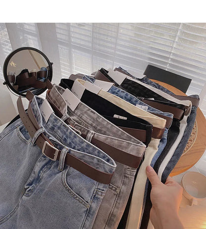 Straight Jeans Women with Belt Vintage Basic Blue Ankle-length Denim Pants Boyfriend Gray Jeans Korean 2021