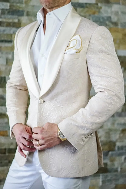 Groomsmen White Pattern Groom Tuxedos Shawl Satin Lapel Men Suits 2 Pieces Wedding Bridegroom ( Jacket + Pants + Tie  ) D201