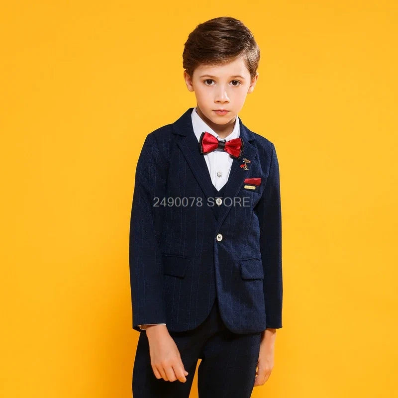 Flower Boys Formal School Suits for Weddings Boys Brand Plaid Blazer Vest Pants 3pcs Tuxedo Kids Prom Party Dress Clothing Sets