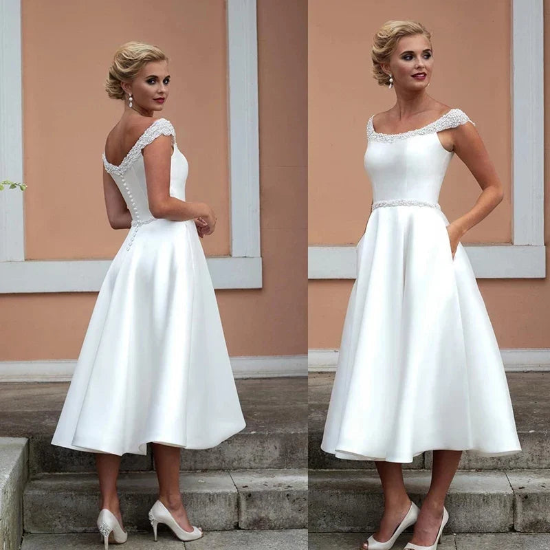 On Sale Simple Mid Calf Length Bridal Wedding Dresses A Line Cap Sleeves Scoop Neckline Wedding Gowns for Bride Back Out Beaded