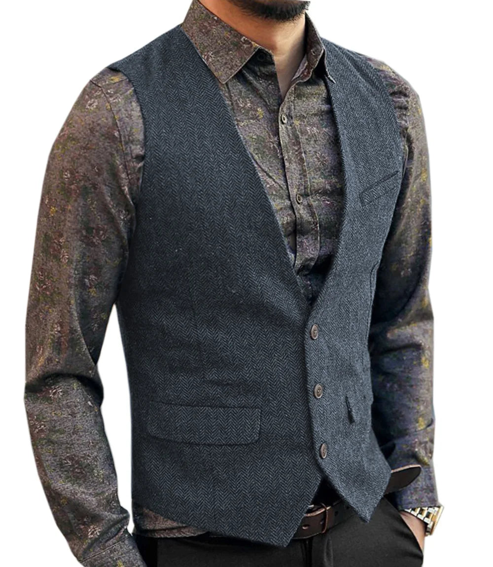 Men's V-Neck Suit Vests Fashion Formal Slim Fit Business Herringbone Dress Waistcoat for Tuxedo Wedding Party