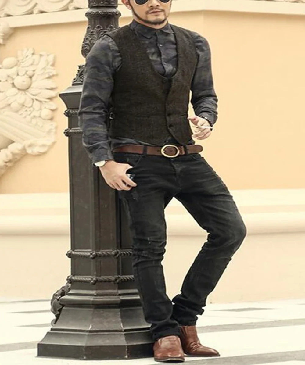 2022 Brown Men's Casual Herringbone Pattern Suit Vest Wool/Tweed Suit Vest U-neck Waistcoat Groomsmen For Wedding