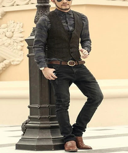 2022 Brown Men's Casual Herringbone Pattern Suit Vest Wool/Tweed Suit Vest U-neck Waistcoat Groomsmen For Wedding