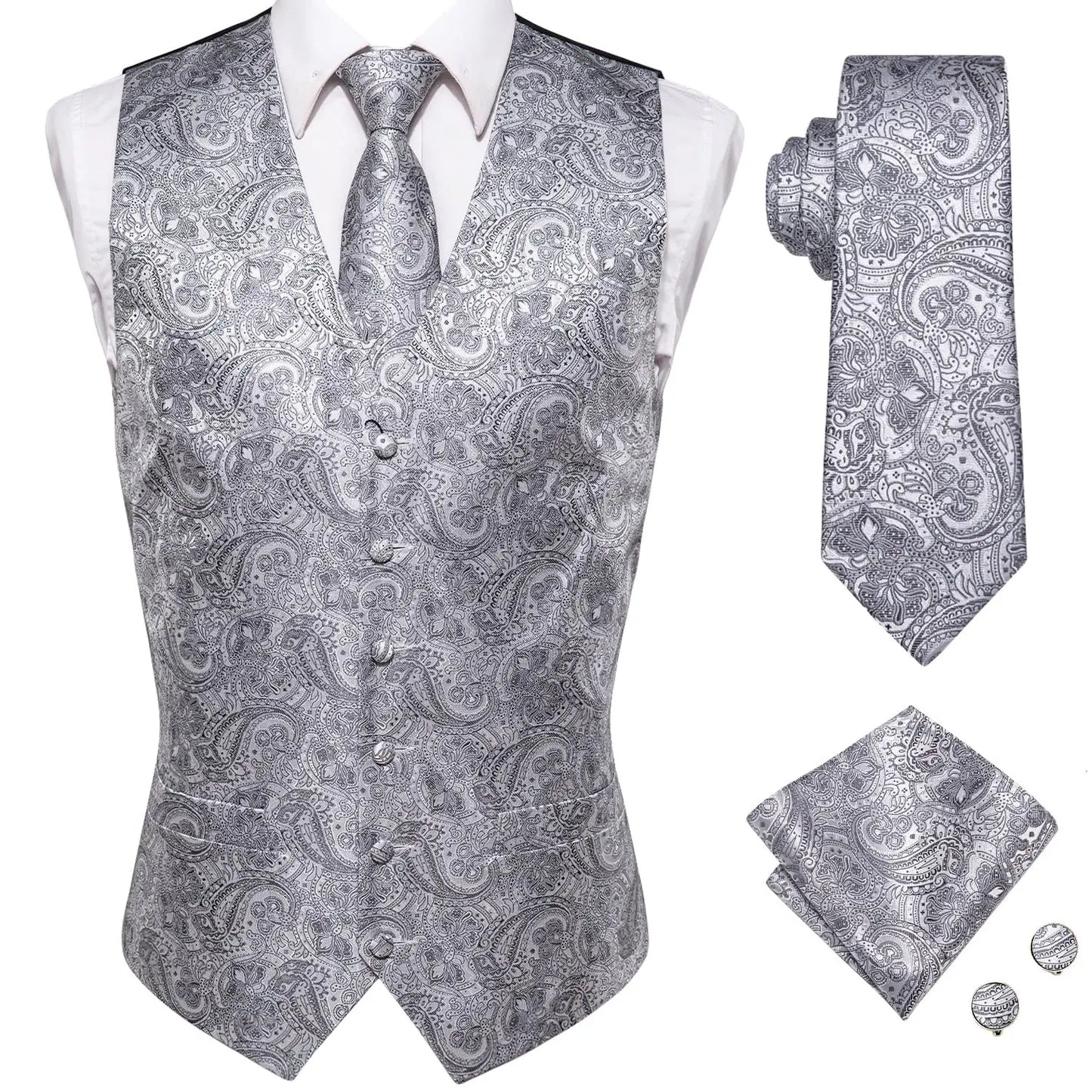 Navy Blue Mens Silk Vests Business Paisley V-Necl Waistcoat Tie Hanky Cufflinks Brooch Set for Men Suit Wedding Formal Hi-Tie