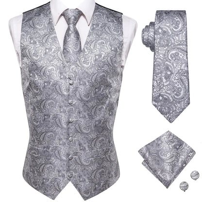 Luxury Mens Vests Black Gold Floral Jacquard Waistcoat Tie Hanky Cufflinks Brooch Set for Men Suit Wedding Office XL