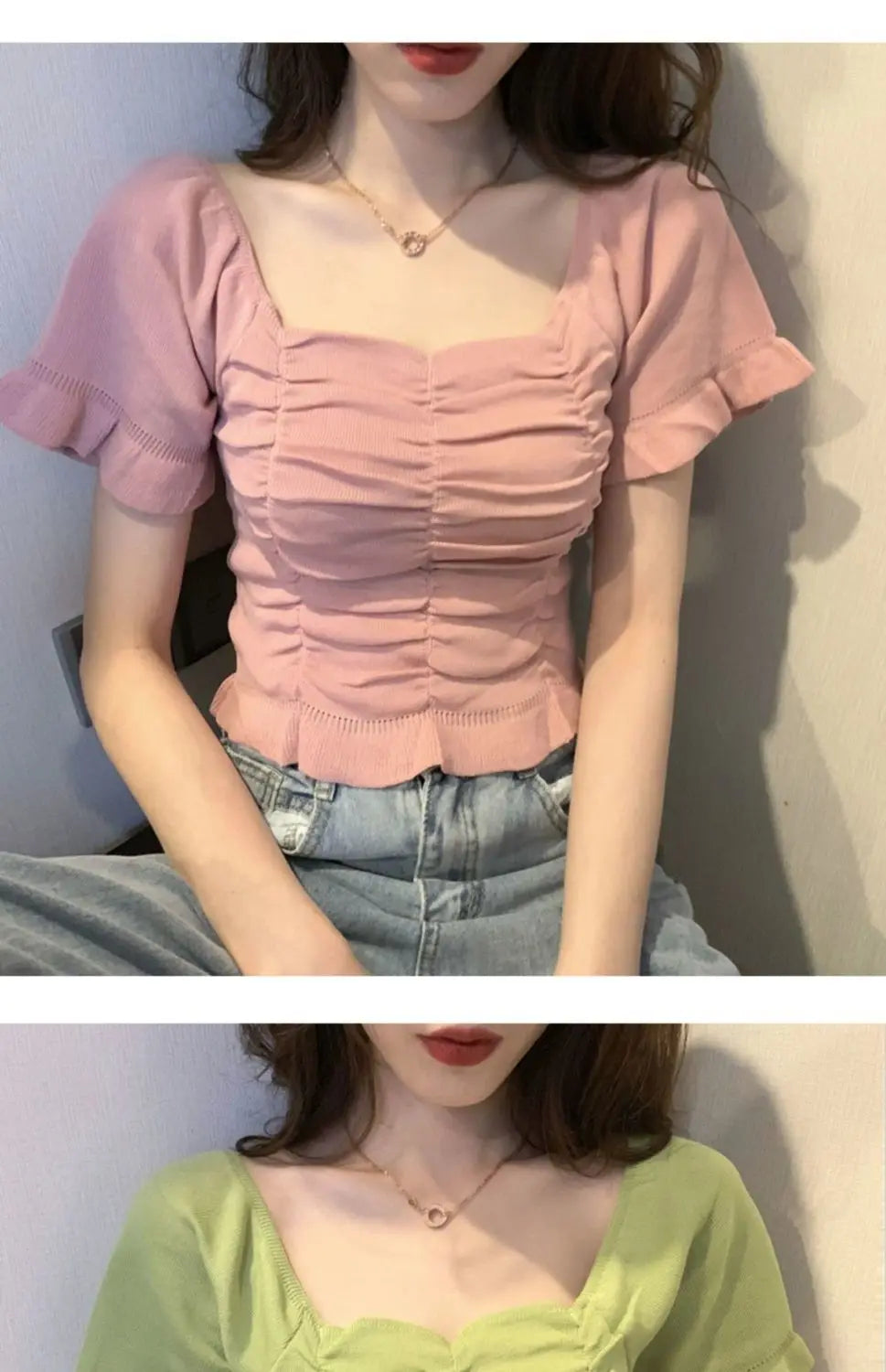 Knitted Fashion Blouse Woman Ruffle Youth Elegant Blouse Summer Crop Top Sexy Slim Fit Shirt Short Sleeve
