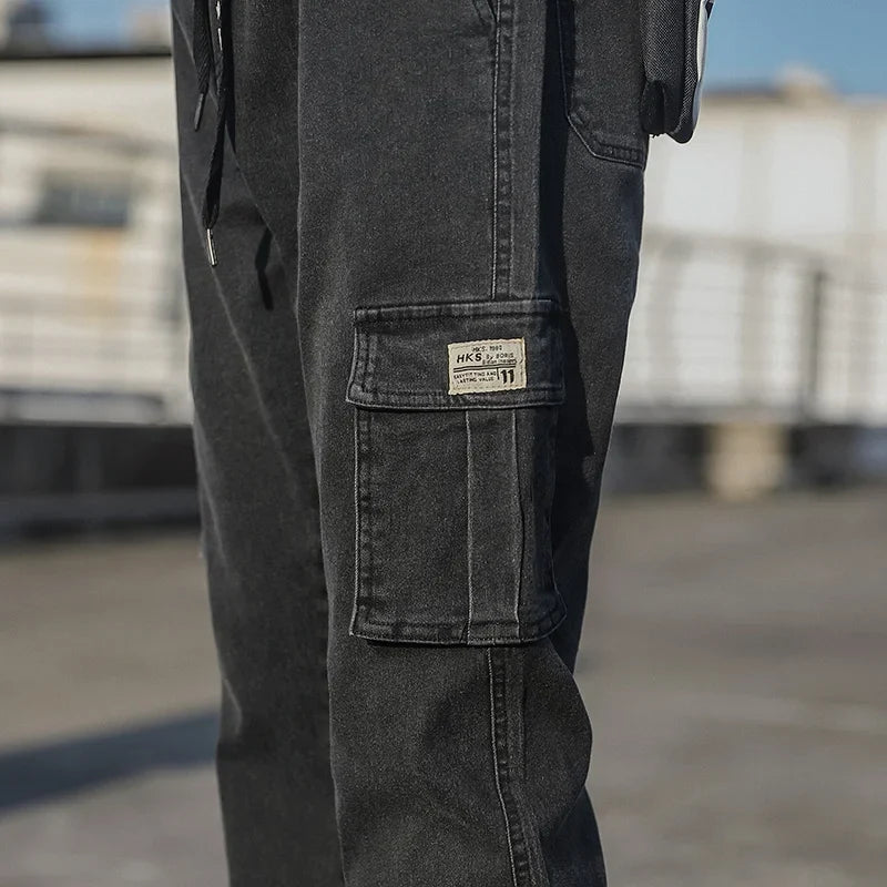Men's Jogger Jeans Washed Cotton Slight Stretch Multi-Pockets Denim Cargo Pants Asian Size L-6XL