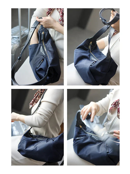 Lightweight Nylon Matching Genuine Leather Crossbody Bag High Quality Single Shoulder Bags Fashion Pleated Messenger Purses