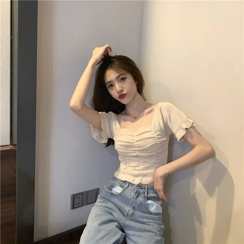 Knitted Fashion Blouse Woman Ruffle Youth Elegant Blouse Summer Crop Top Sexy Slim Fit Shirt Short Sleeve