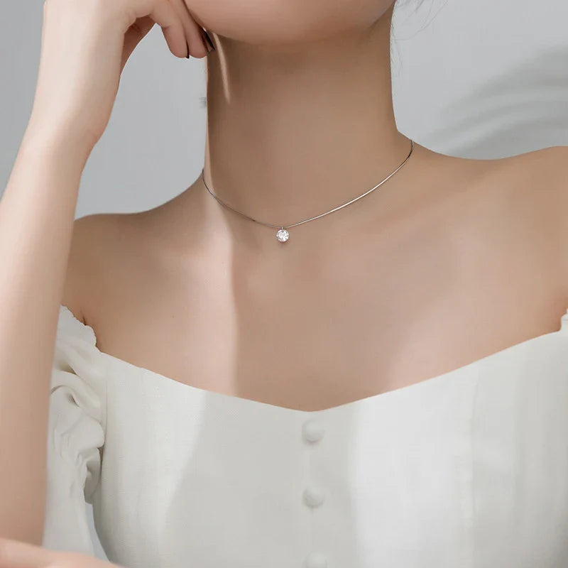 Pure 925 Sterling Silver Dazzling AAA Zircon Round Pendant Necklace for Women Fashion Choker Necklace Fine Jewelry