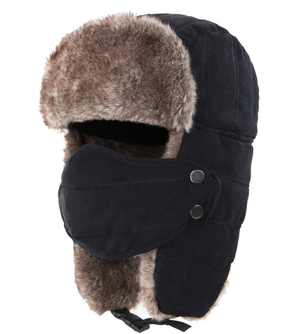 Men's Warm Chunky Trapper Hat Removable Windproof Winter Russian Hats with Mask Ushanka Hat