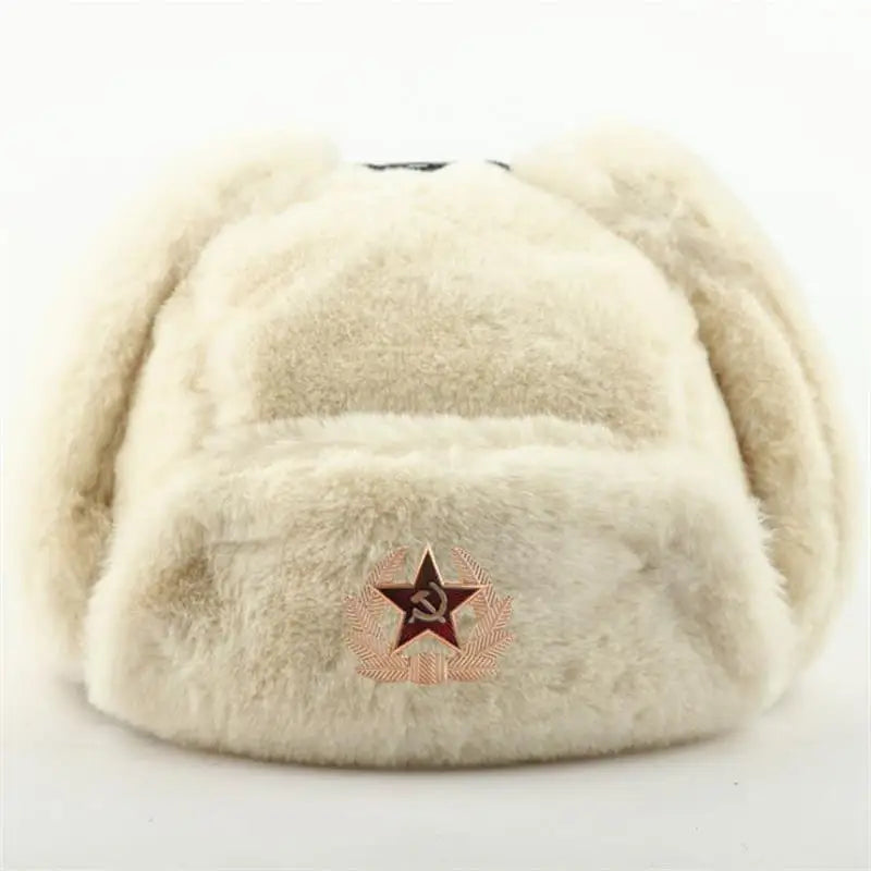 Soviet Badge Ushanka Men&Women Bomber Hats CCCP Army Pilot Trapper Trooper Hat Winter Faux Rabbit Fur Earflap Snow Caps