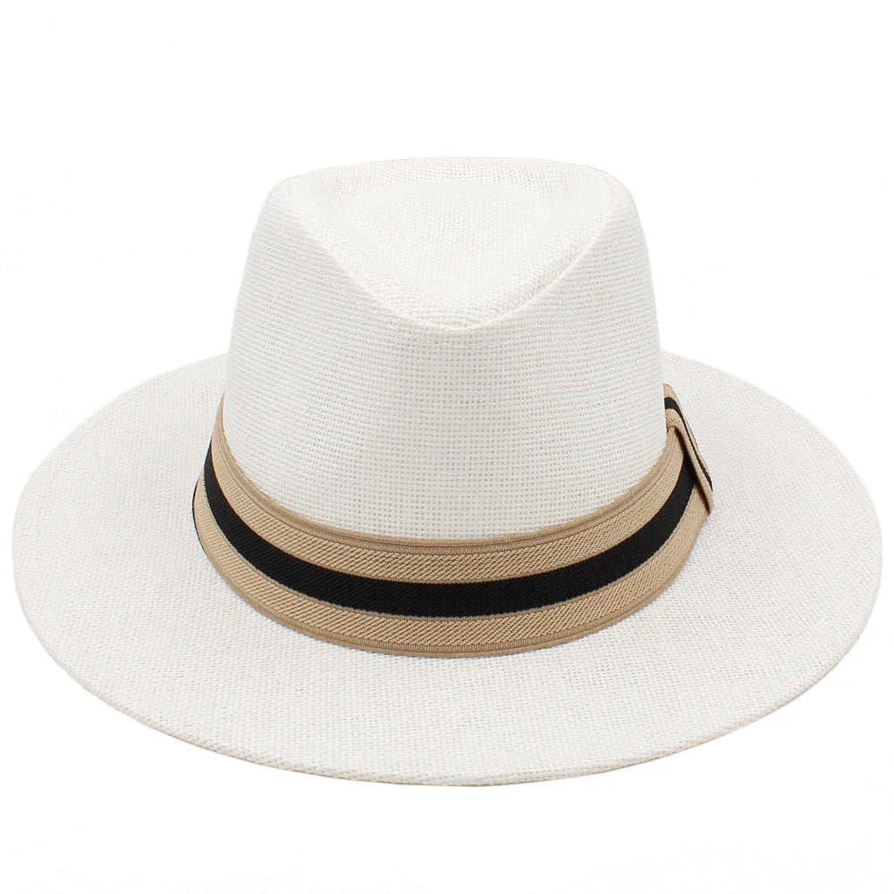 Men Women Straw Panama Hats Summer Wide Brim Bowtie Band Fedora Sunhats Trilby Caps Outdoor Beach Travel Size US 7 1/4 UK L