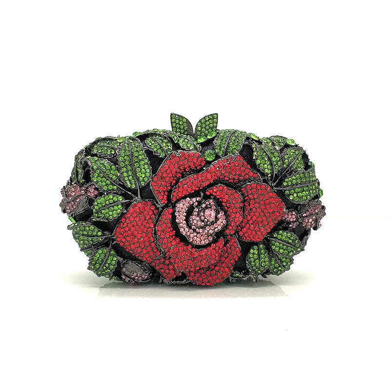 Green Pink Multicolored Rose Crystal Women Evening Clutches Bags Diamond Wedding Cocktail Party Purse And Stone Handbag