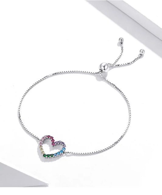 Bracelet réglable en argent sterling 925 avec motif cœur coloré, chaîne zircon amour pour femmes, bijoux fins SCB216